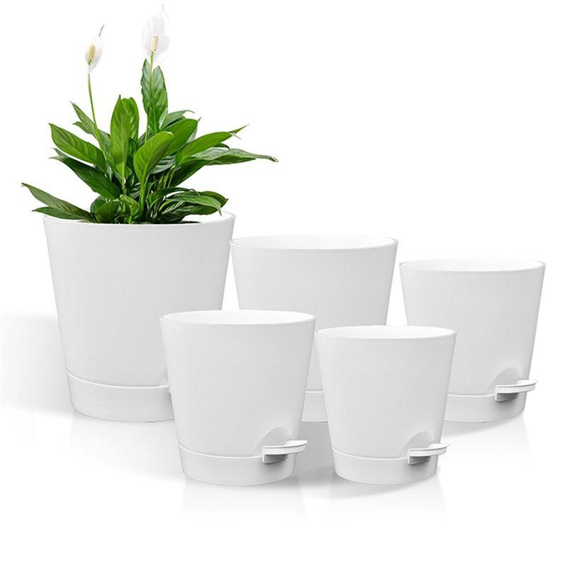 ABWR-5 Pack 5 Inch Self Watering Pots For Indoor Plants, Flower Pots Planter With Drainage Holes And Wick Rope White Easy Instal