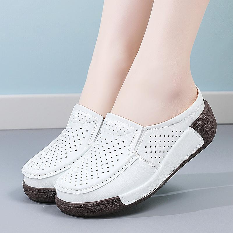 Ladies Platform Loafers Casual Elegant Leather Sandals Clog Slippers Backless Mules Women Thick Sole Height Increase Shake Shoe