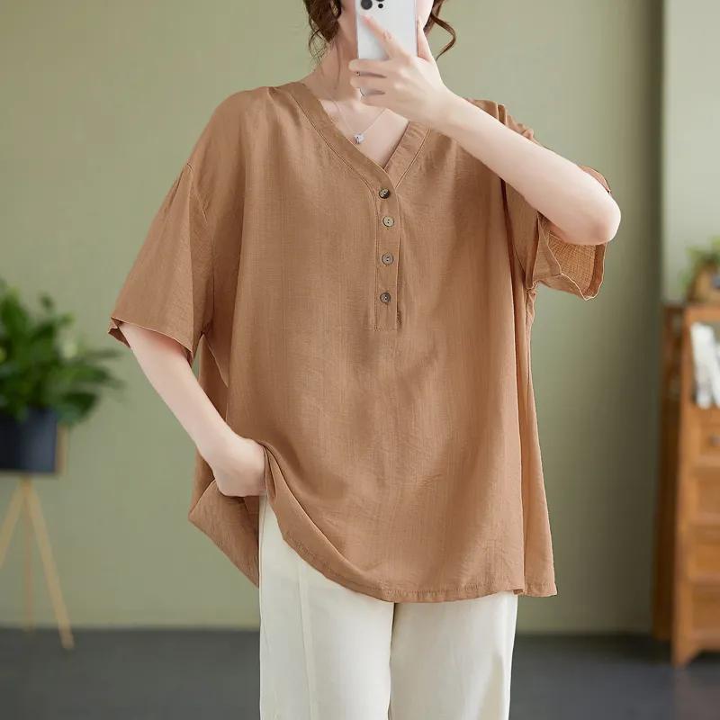 Sommer Damen Leinenmischung Bluse Locker V-Ausschnitt Kurzarm Lässiges Oberteil