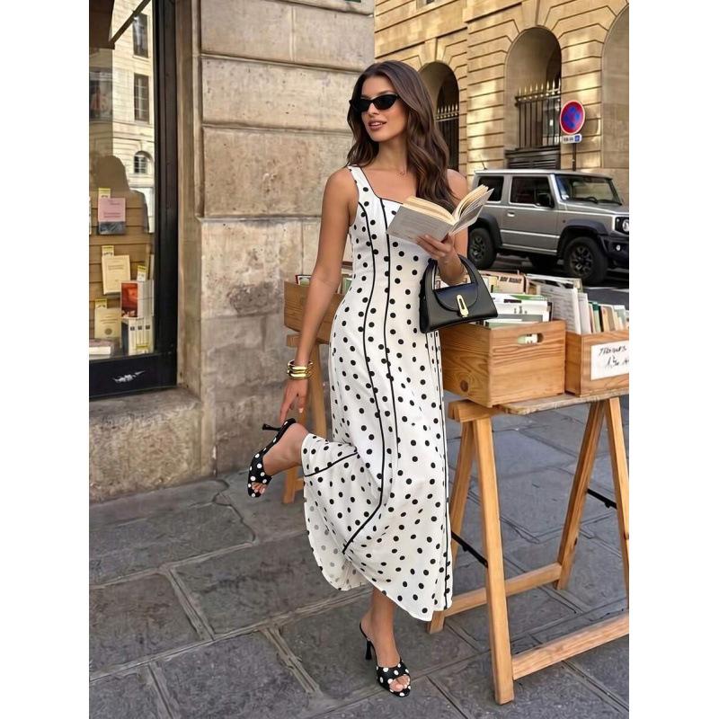 European summer new gentle wind polka dot square collar contrasting color waist sleeveless long dress women XS