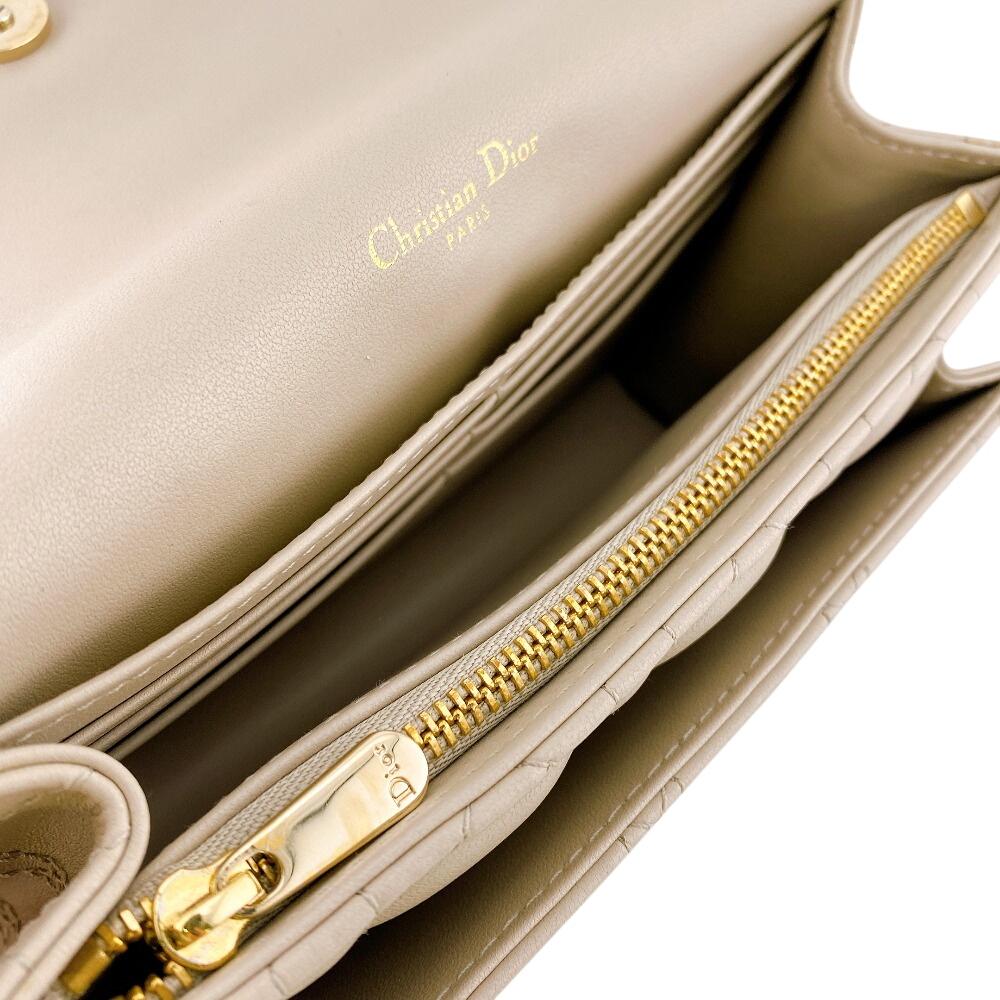Christian Dior Logo Leather Lady Dior Wallet Chain Beige Leather Used