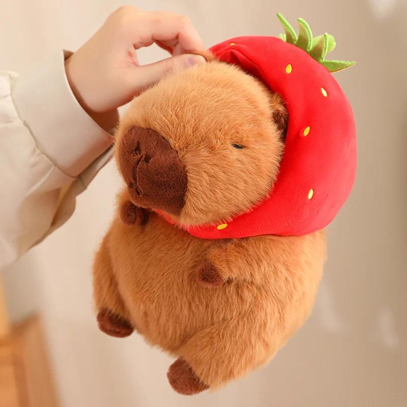 Cute Capybara Plush Toy Kawaii Fluffy Capibara With Turtle Bag Strawberry Cap Stuffed Animals Kids Birthday Gift Home Decoration