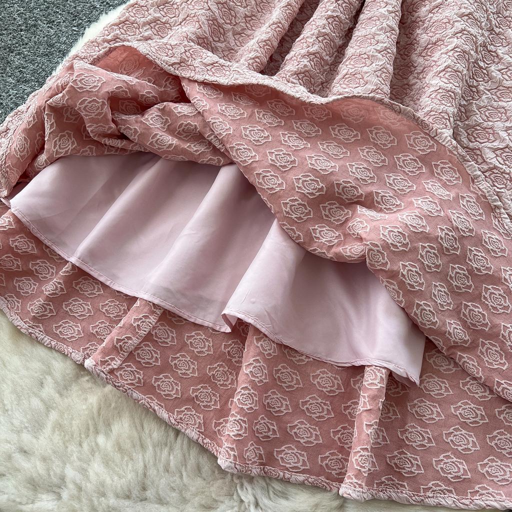 Summer Women Elegant Sleeveless Luxury Beading Collar Jacquard Flower Pink Birthdays Party Ball Gown Dresses