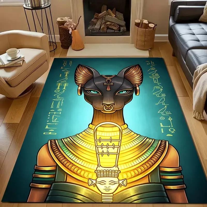 New Shelves! Egyptian Mythology Black Cat Carpet, Living Room Bedroom Office Children's Room Rugs, Non-slip Machine Washable Mat