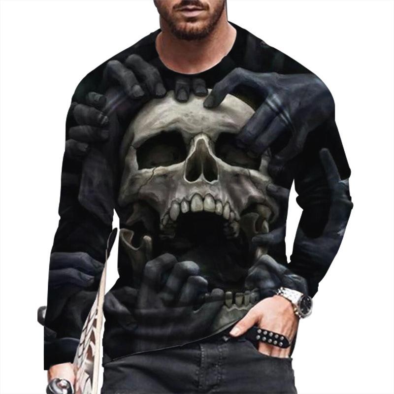 Autumn Winter Men's Pullover Long Sleeve Top Loose Fit Spring Skeleton Youth Men Round Neck Casual T-shirt