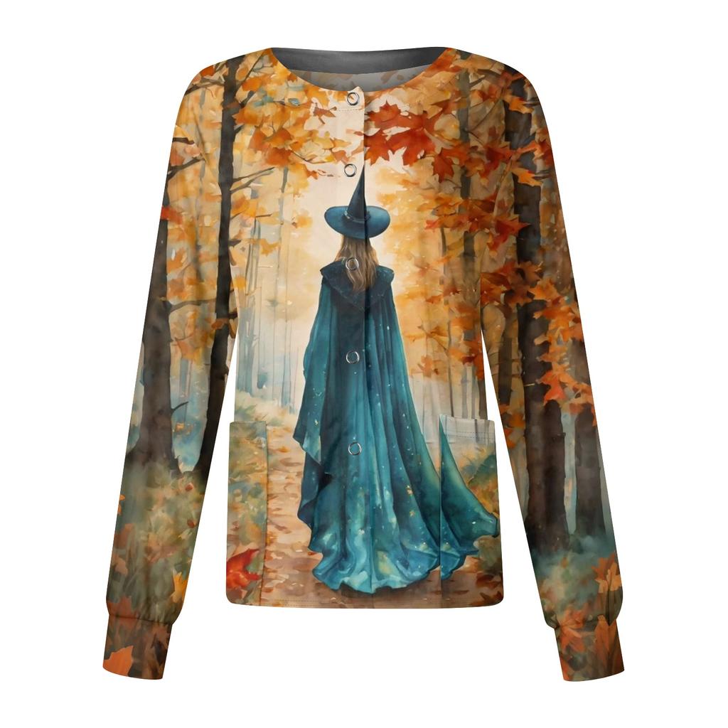 Women's Halloween Printed Long Sleeve Single Breasted Cardigan Top for Costume Party