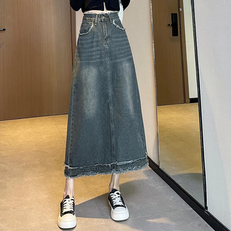 

Весенне-летняя джинсовая юбка миди А-силуэта с разрезом, застежкой на талии и бахромой XXL