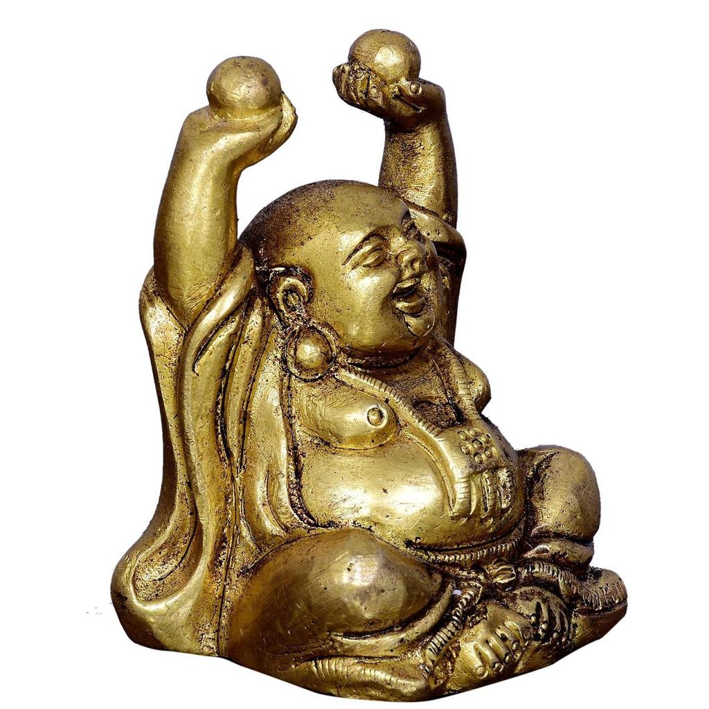 Vintage Lachende Buddha Statue aus massivem Messingmetall: Bote des Wissens und des Reichtums - Als Heimdeko-Prunkstück für Feng-Shui verwenden, Goldene Oberfläche