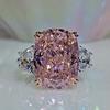 Wosikate Luxury Square High Carbon Diamond Ring For Women  Copper Fashion Jewellery Cherry Blossom Pink Zirconia Finger Ring