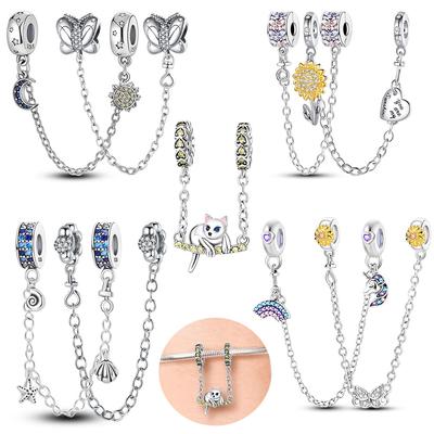 Safety Chain Charms Sun and Moon Beads Fit Original Bracelets Women DIY Jewelry Bangle Silver Plated Butterfly Heart