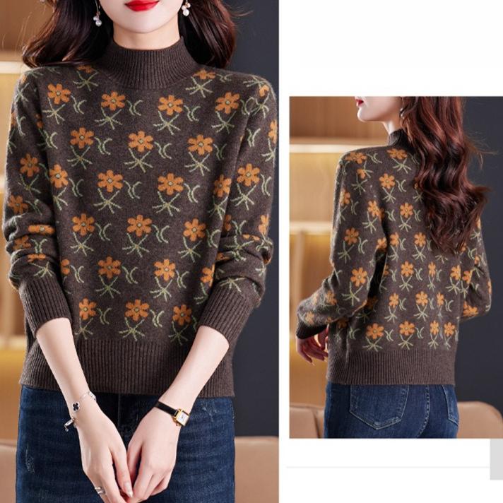 Jacquard Sweater Loose Half Turtleneck Knitted Sweater for Women In Autumn and Winter Fashionable and Casual Pullover
