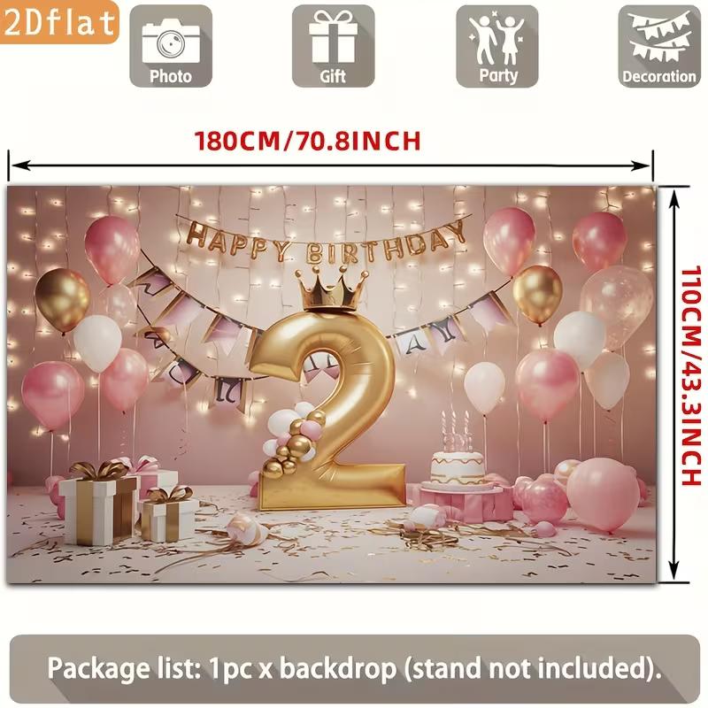 2D 2nd Birthday Pink Gold Balloon Backdrop Banner Photo Booth Background