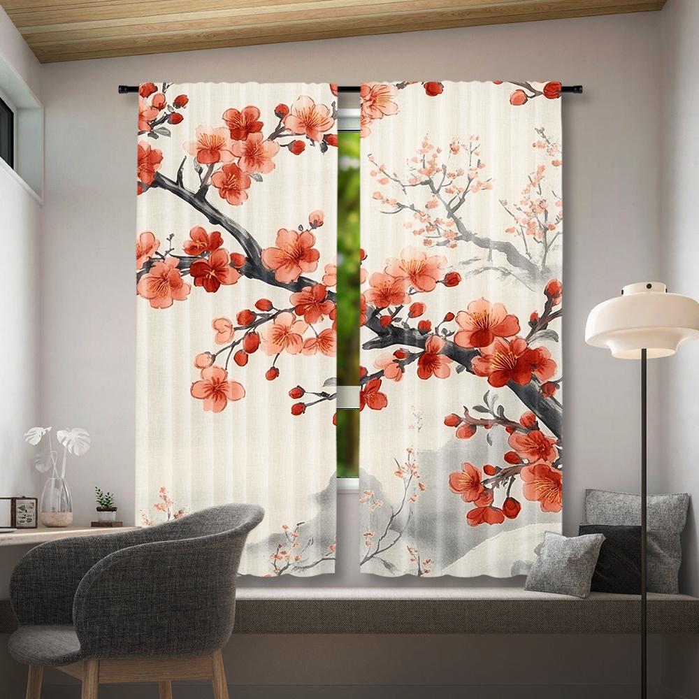 2pcs, Cherry Blossom Curtain for Home Decor, Rod Pocket Window, for Bedroom, Office, Kitchen, Living Room, And Study