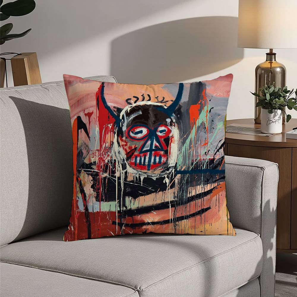 J-Jean M-Michel B-Basquiat Art Pillow Case Square Double‑Sided Print Cushion Case For Sofa Home Bedchamber Decor Gift