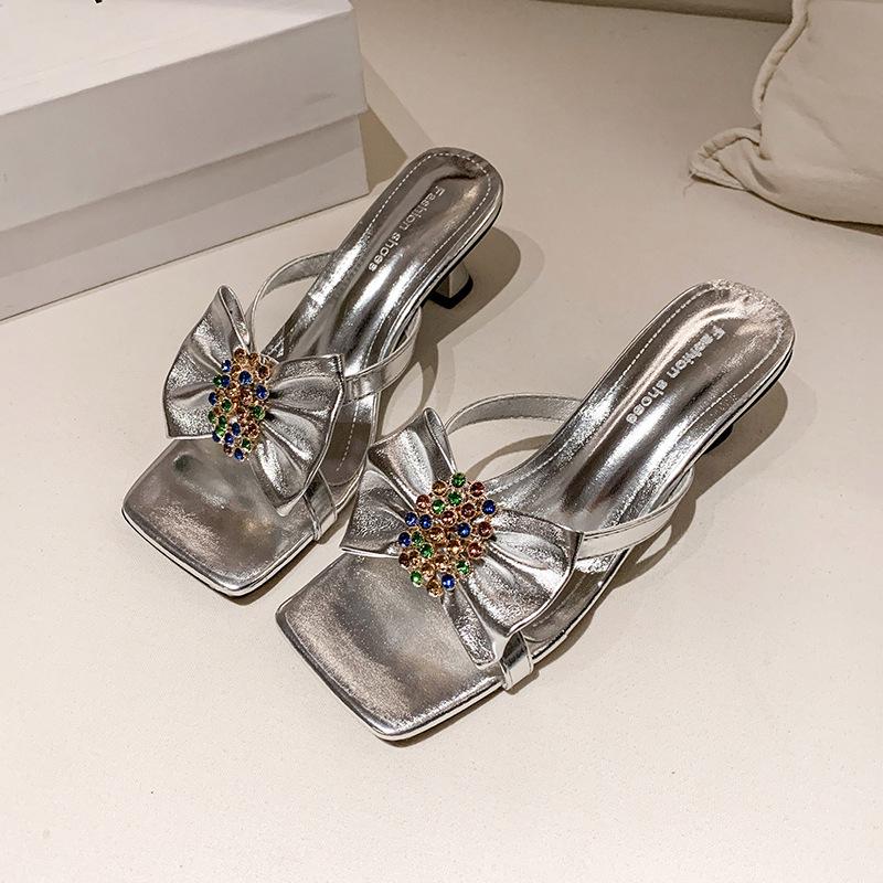 Wearing Square Head Cool Slippers for Women's Summer New Colored Diamond Bow High Heel Cool Slippers for Women