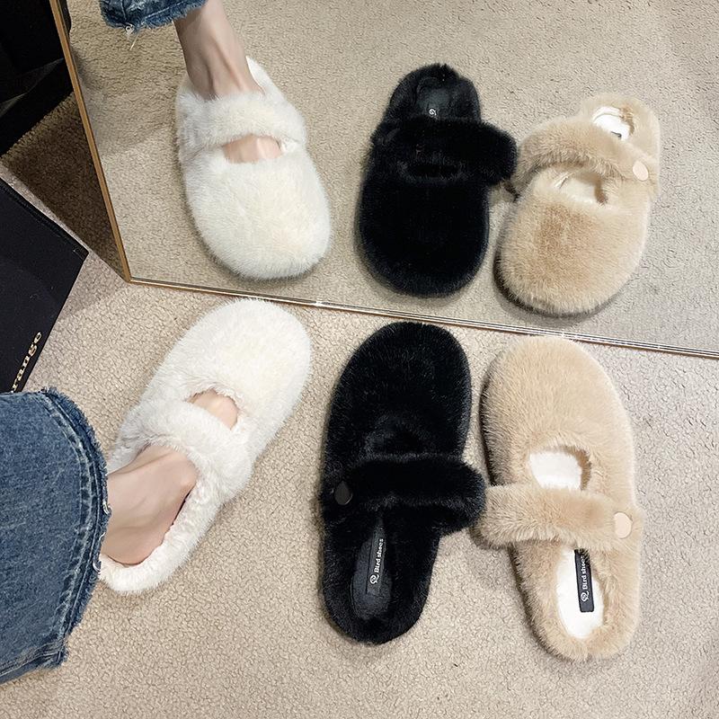 French Flat-bottomed Fluffy Slippers for Women's Outer Wear 2025 New Autumn and Winter One-pedal Versatile Plush Cotton Slippers