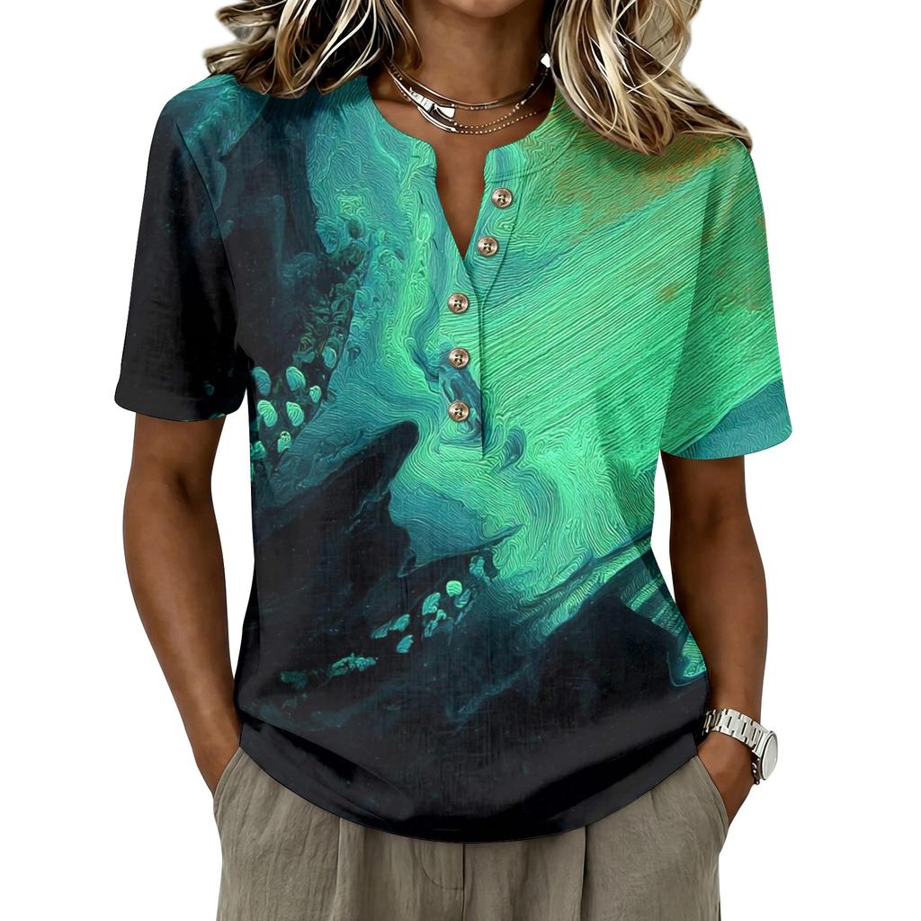 Damen Kurzarm Henley Hemd mit Knopfleiste Leinen Baumwollmischung Lässige Bedruckte Bluse Leicht Atmungsaktiv Sommer Oberteil
