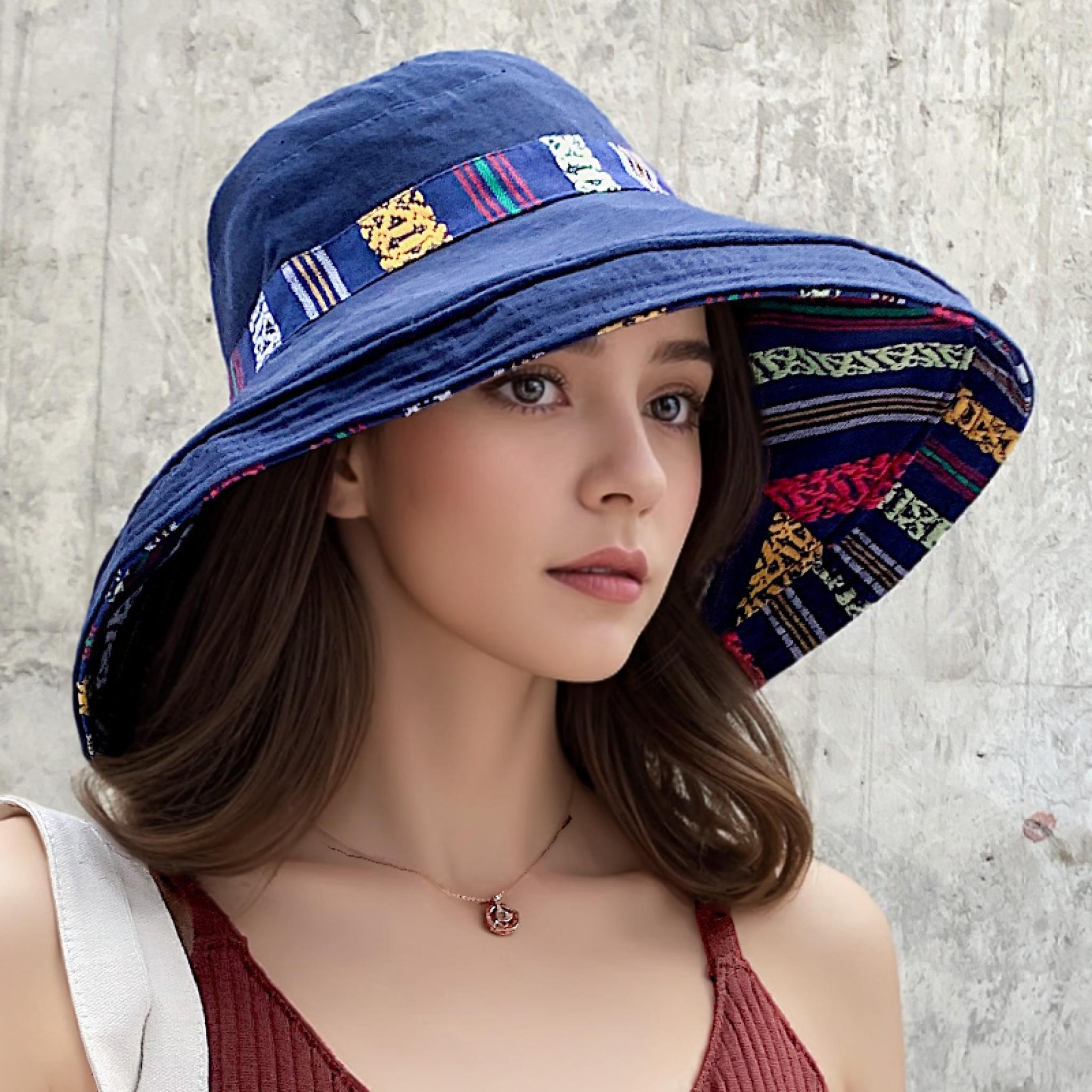 

Reversible & Bohemian Bucket Hat: Wide Brim Sun Hat for Women - Fashion Summer Spring Beach Travel Foldable Vacatio 1pc темно-синий