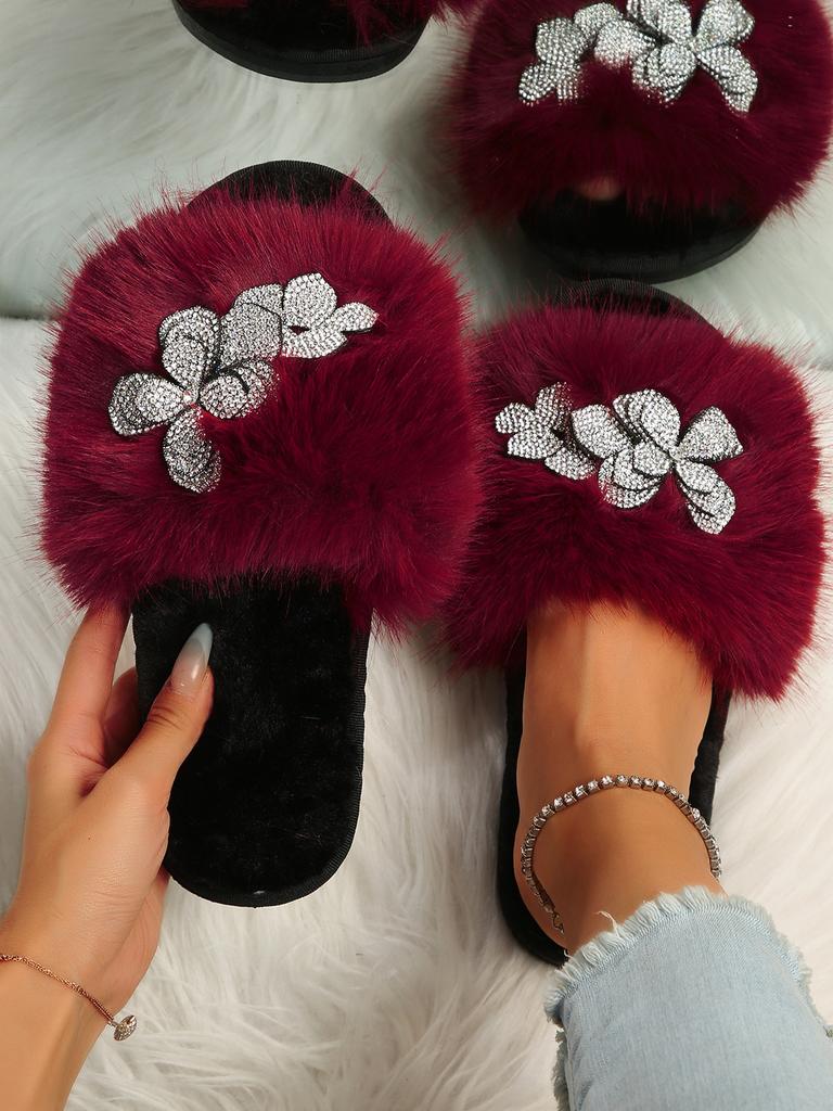 Autumn and winter new long-haired dopamine color bright diamond texture flower large size fluffy slippers