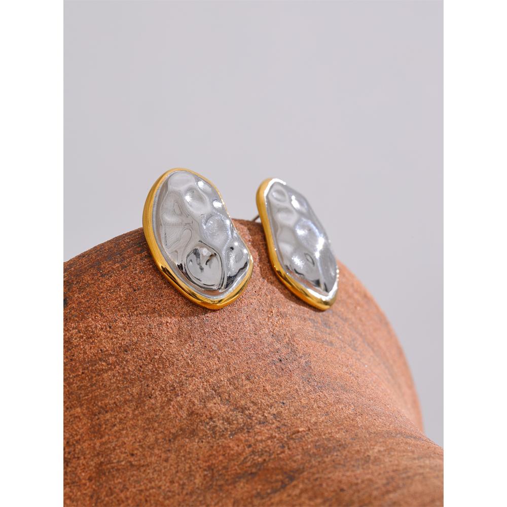 Yhpup Distinctive Stainless Steel Metal Texture Hammer Geometric Stud Earrings Waterproof Minimalist Jewelry Accessories