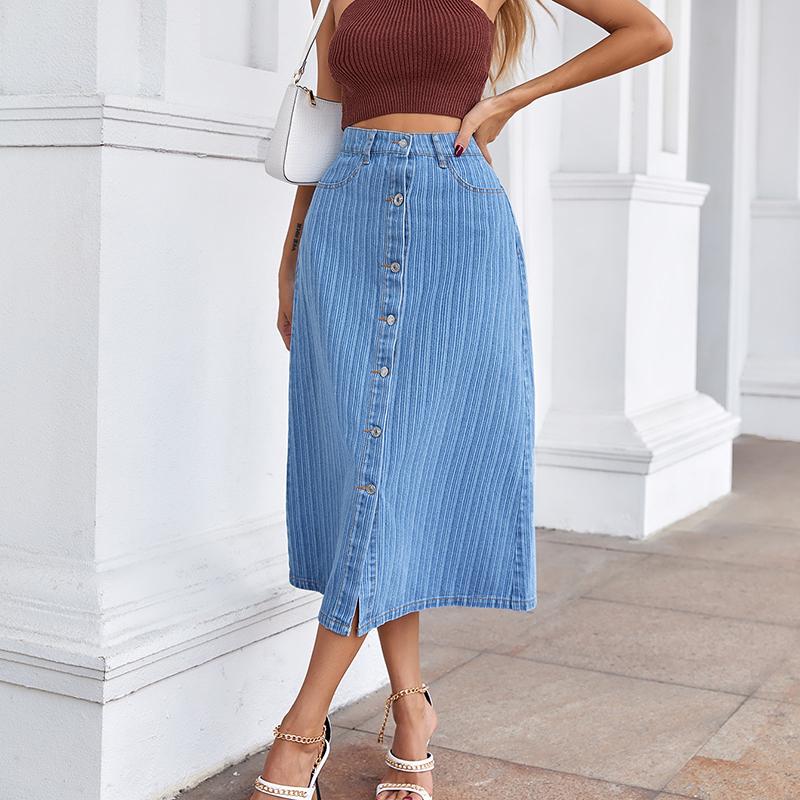 Women High Waist Single-Breasted A Line Jean Denim Skirt
