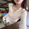 Chic polo lapel knitted sweater spring waist thin Spice girl style long-sleeved sweater temperament top