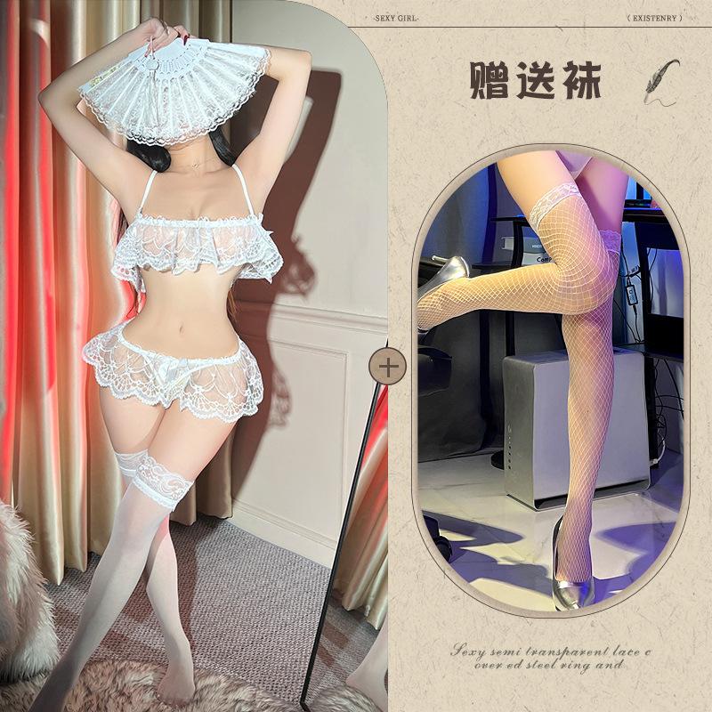 Night listening fragrance lingerie women's sexy lace three-point pajamas mesh open crotch free perspective set