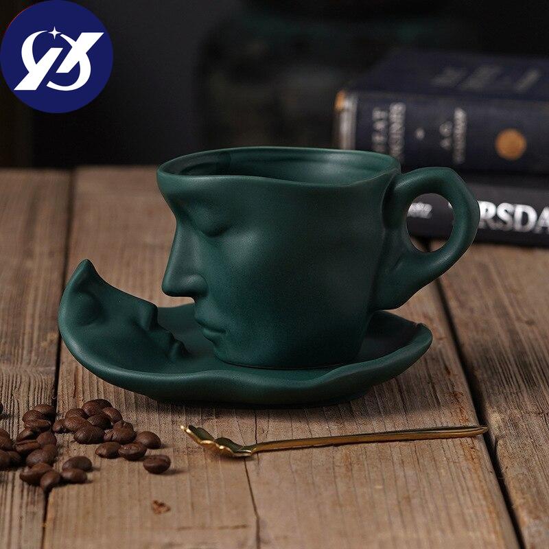 Ceramic Coffee Cup And Saucer Set Creative Abstract Art Design Matte Macaron Colors Afternoon Tea Coffee Mug Kitchen Drinkware