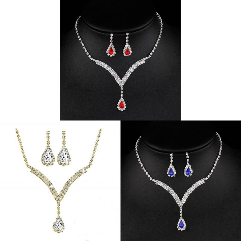 Water Drop Pendant Necklace And Earrings Set With Rhinestones For Elegant Bridal And Formal Wear