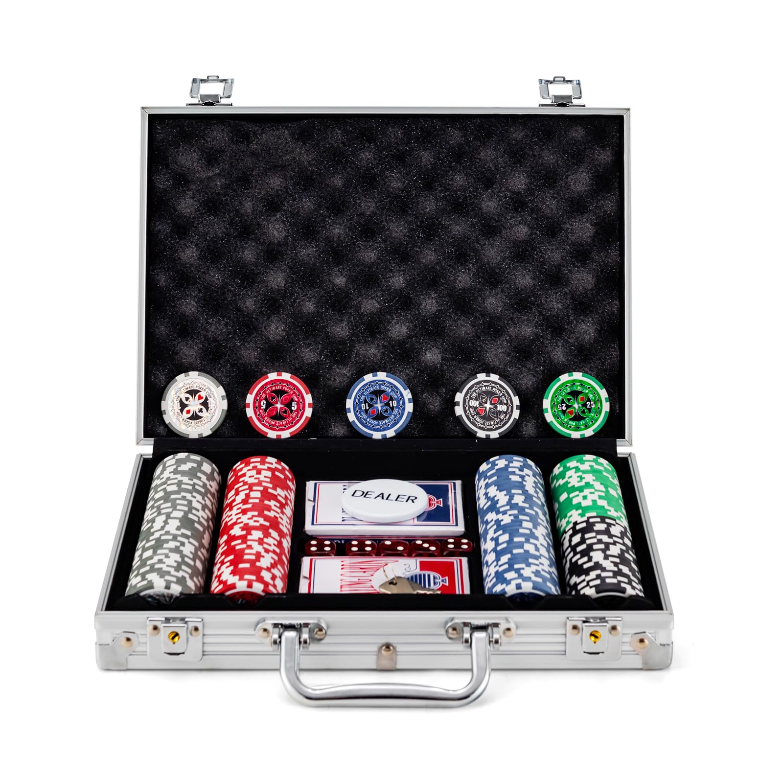 

Goplus 200 Numbered Poker Casino Chip Set with Playing and Dice Chips, Cards, Dealer, (Silver Case)