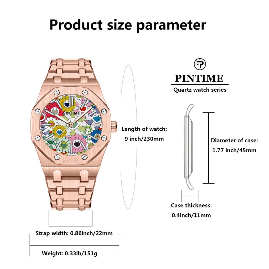 PINTIME Fashion Men's Watches Patterned Dial Business Watches Waterproof Stainless Steel Quartz Watches for Men