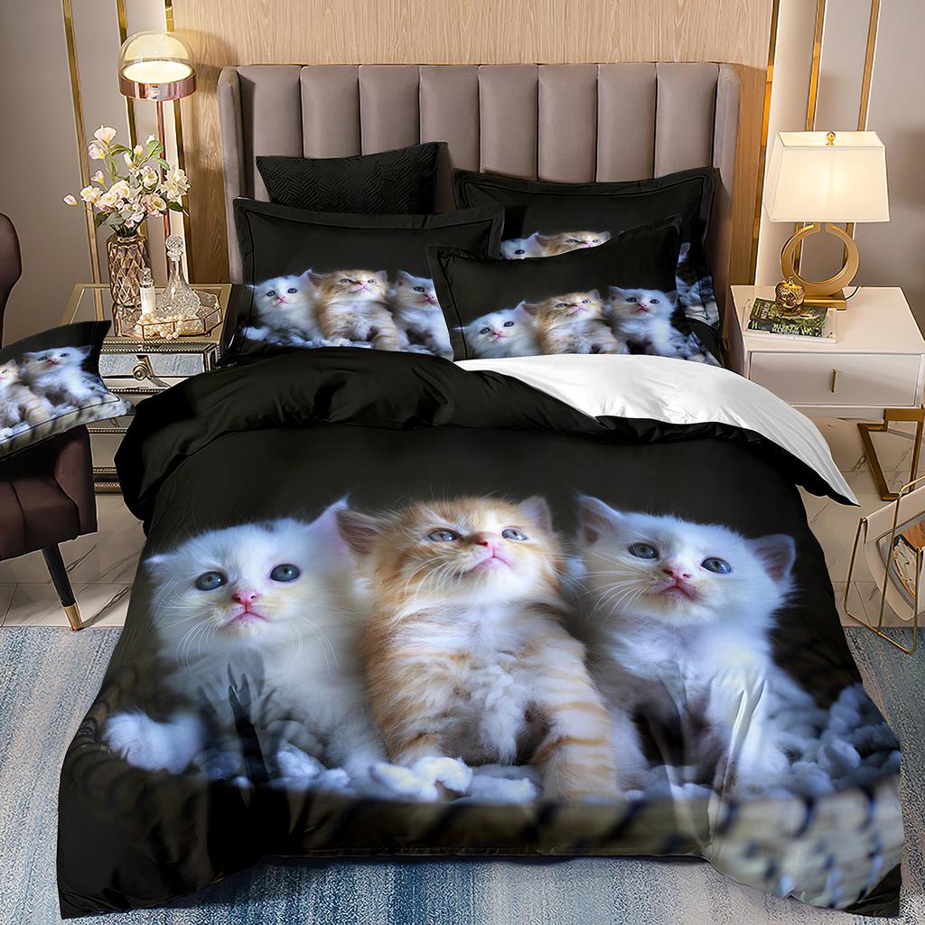 3D Digital Printing 2/3pc Animal Cat Pattern Quilt Cover Pillowcase Double Bed Set Cover Quilt Soft Microfiber Bedding Set