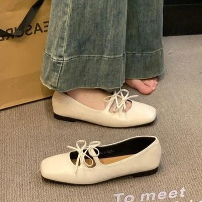 Women's Boat Shoes Square Toe Slip On Flat Shoes Double Bow Ballet Flats Girls Princess Leather Shoes Spring Zapatos Mujer