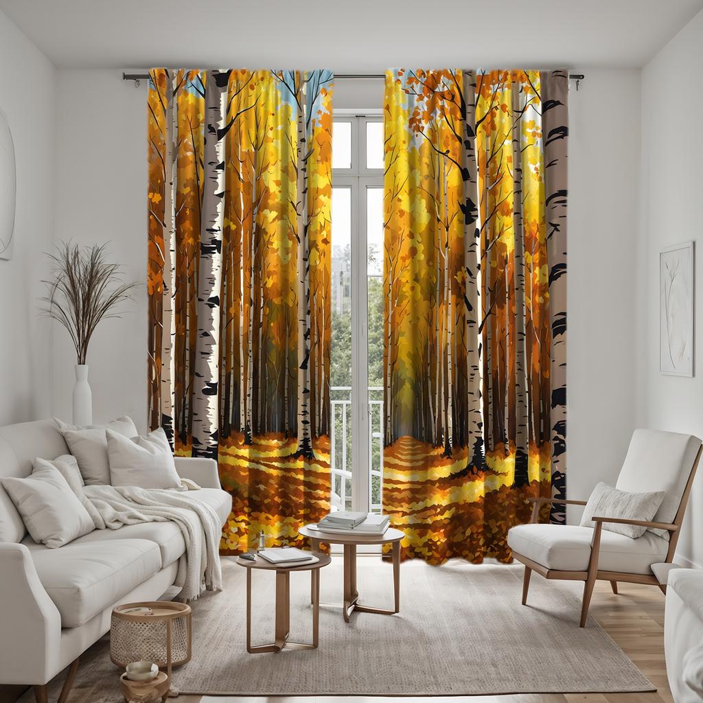 2 pieces of HD autumn birch forest leaves decorative curtain Yellow digital printed curtain home decoration style decoration liv