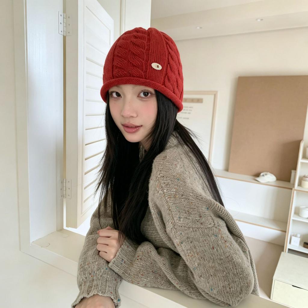 Autumn and winter new blue twist knitted hat versatile wool hat showing face small ear protector head wool cold hat