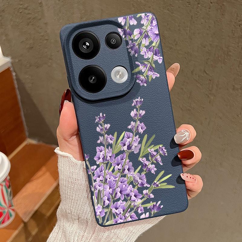 Purple Floral Pattern Leather Texture TPU Matte Case For Xiaomi 13T Pro Poco X7 X6 M6 Redmi 13C Note 14 Pro 13 12 11 Slim Shockproof Soft Phone Cover