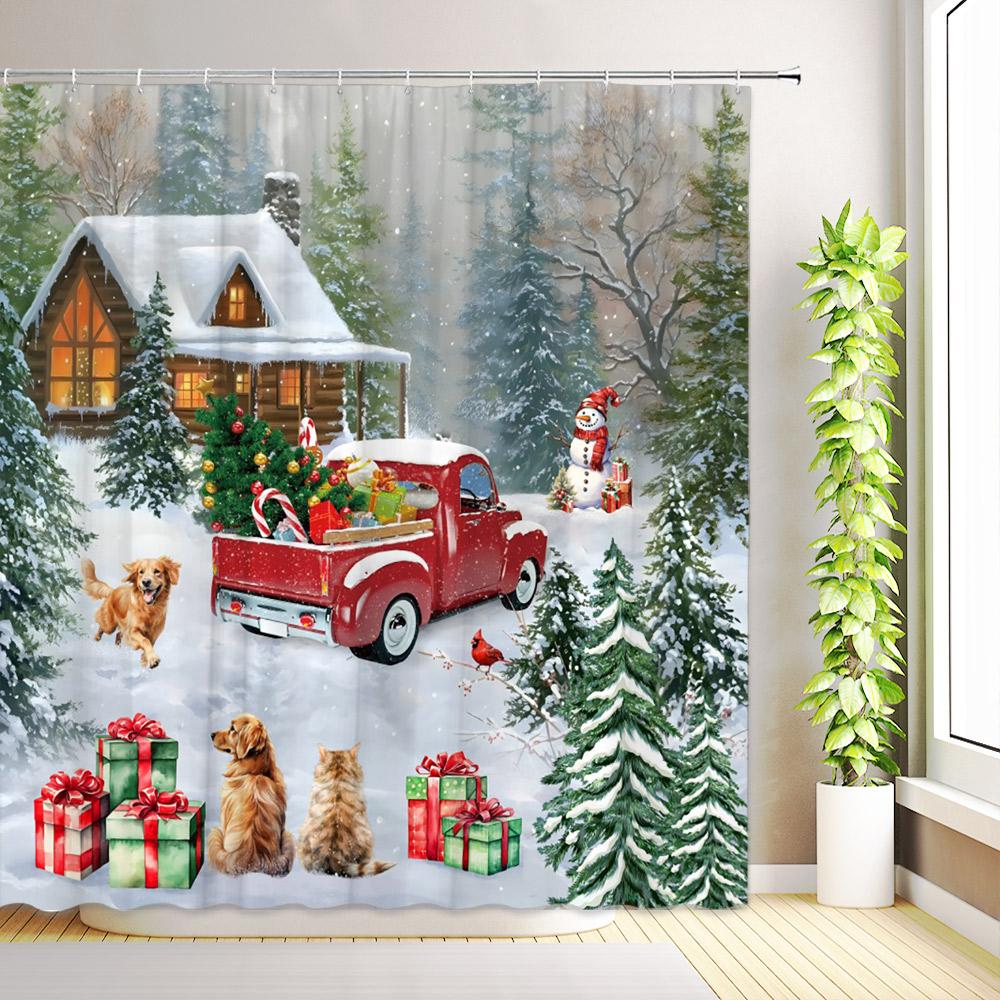 

Merry Christmas Red Vintage Truck Shower Curtain Winter Snowflake Snowman Forest Snowy Scenery Rustic Farmhouse Bathroom Decor 35x70inch-90x180cm