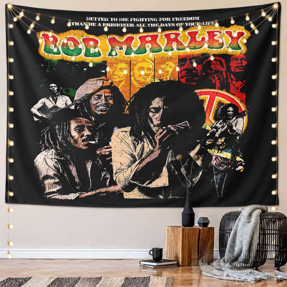 Colorful collage featuring Bob Marley, Rasta imagery, and peace symbols. Patterned tapestry for bedroom and living room home decor