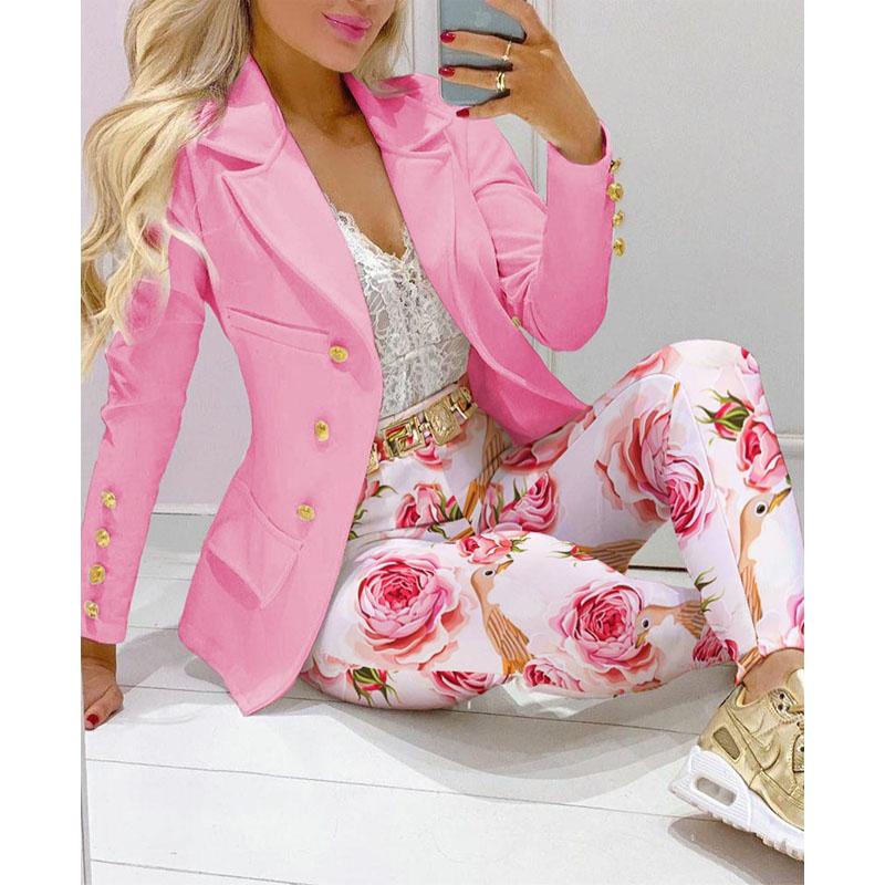 2PCS Women Blazer Suit Lapel Jacket Coat + Pants Co-ord Set Formal Office Outfit