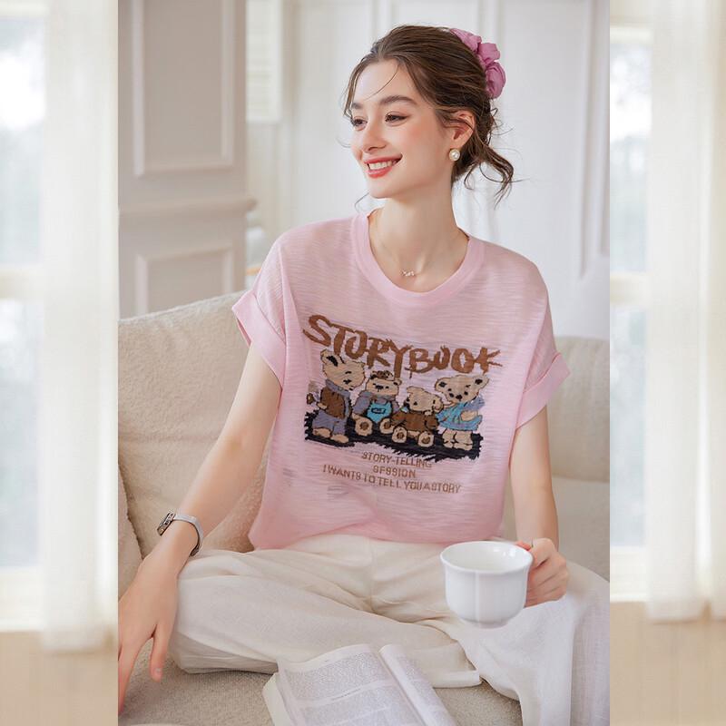 Bailuyu Women s Jacquard Letter Knit Short Sleeve Tee M