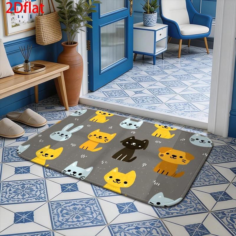 Cartoon Mixed Cat And Dog Face Print Front Door Mat Non Slip Entryway Rug For Indoor Entryway Floor Decor