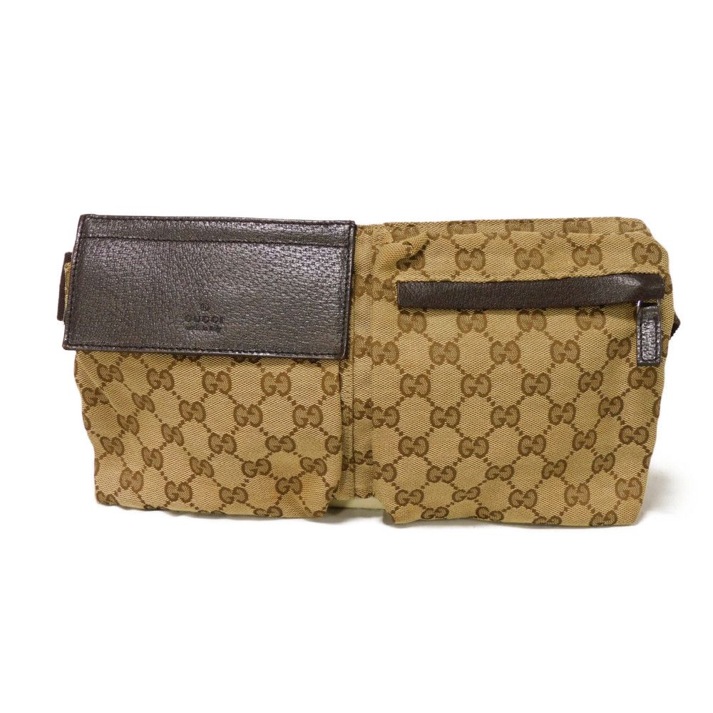 Used 9539 GG Canvas Waist Bag 28566 7929 Calfskin Brown Waist Pouch Shoulder Bag with Embossed Logo Beige Men's from