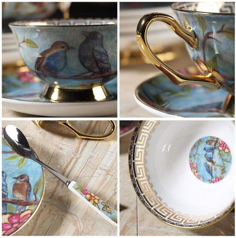Euro Style Ceramic Cup Saucer and Spoon Set Bone China Tea Cups Small Floral White Pink Blue Patterns Home Kitchen Utensil