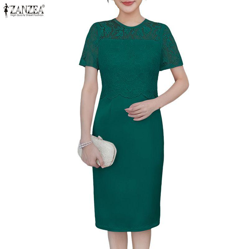 ZANZEA Women Lace Patchwork Round Neck Casual Short Sleeve Sheath Dress