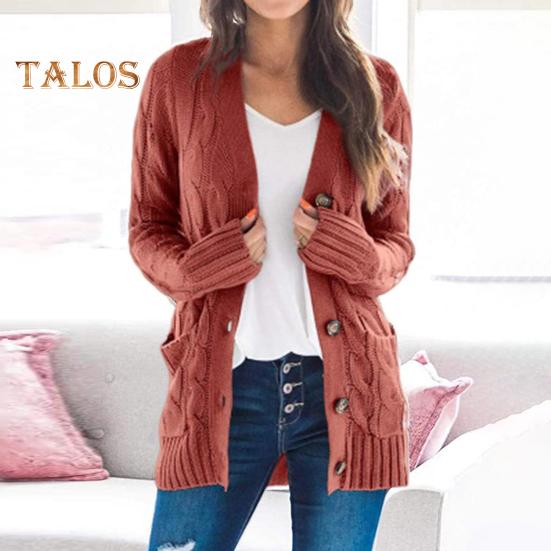 Dámský svetr bunda s dlouhým rukávem, zapínání na knoflíky, zimní kabát s kapsou, jednobarevný svetr s volným střihem