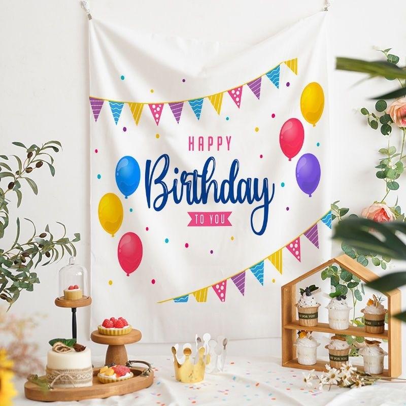 Minimalist Black White Happy Birthday Tapestry Party Backdrop for Kids Adults Birthday Decor Bedroom Photo Background