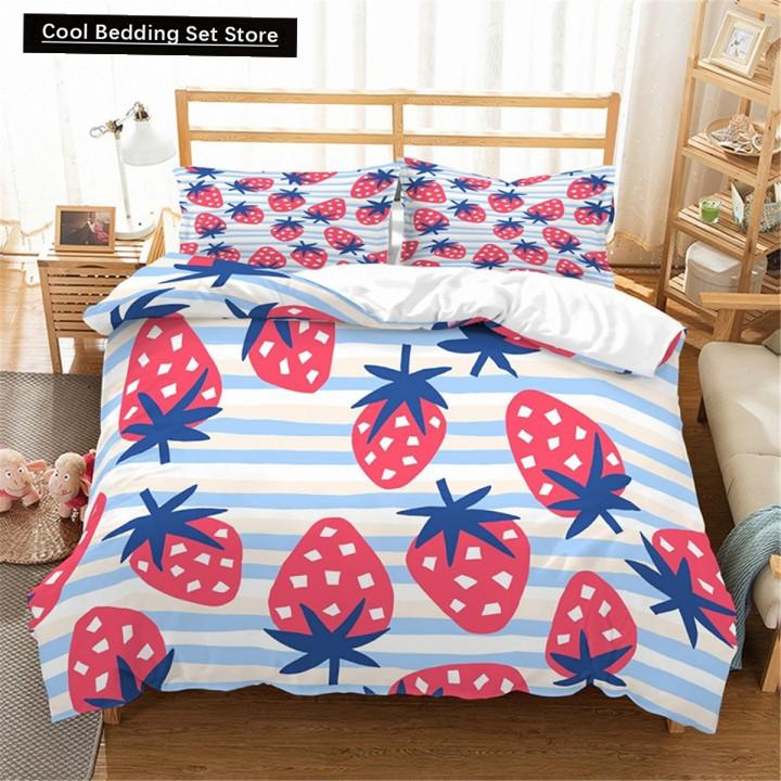 Red Strawberry Cute Bedding Set 3D Pink Lovely Summer Fruit Duvet Cover King Queen For Kids Girls 2/3Pcs Polyester Quilt Cover
