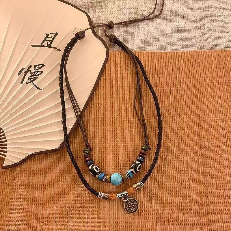 Wood Bead Beaded Butterfly Pendant Double Necklace Retro Ethnic Style Clavicle Chain Fashion Necklace Accessories Niche Design