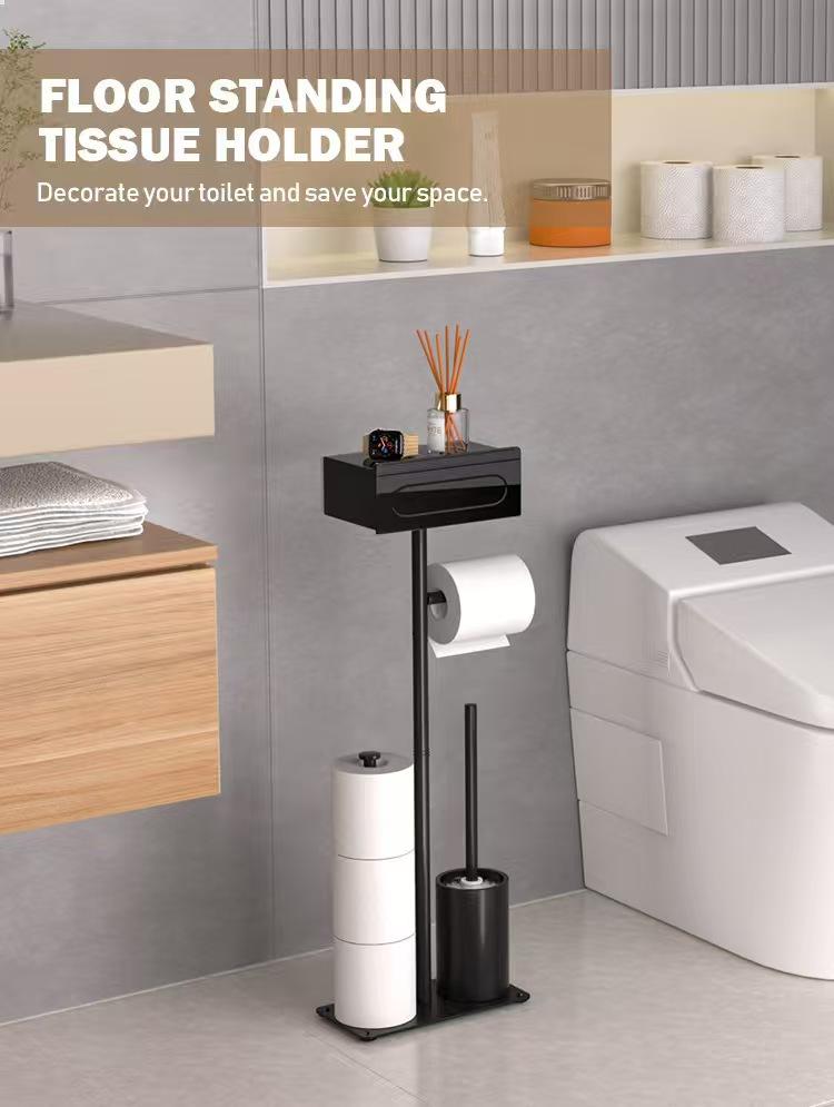 Floor-to-ceiling Toilet Brush Holder with Toilet Paper Holder Multifunctional Standing Tissue Holder