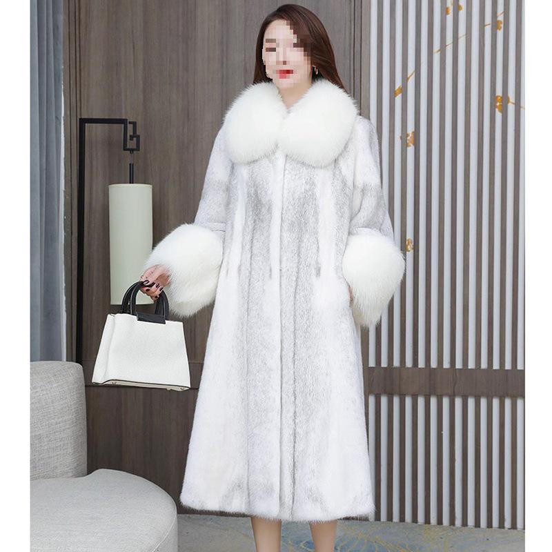 Women's Long Mink Coat with Fox Fur Collar - Casual and Warm Winter Fur Coat